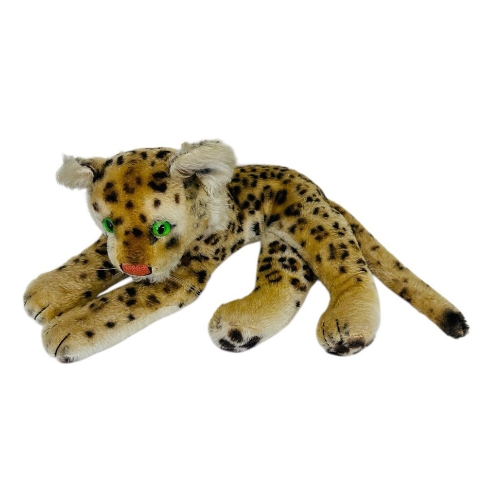 Steiff 1950s Laying Leopard Mohair Green Eyes NO Tag NO Button VTG Medium Size